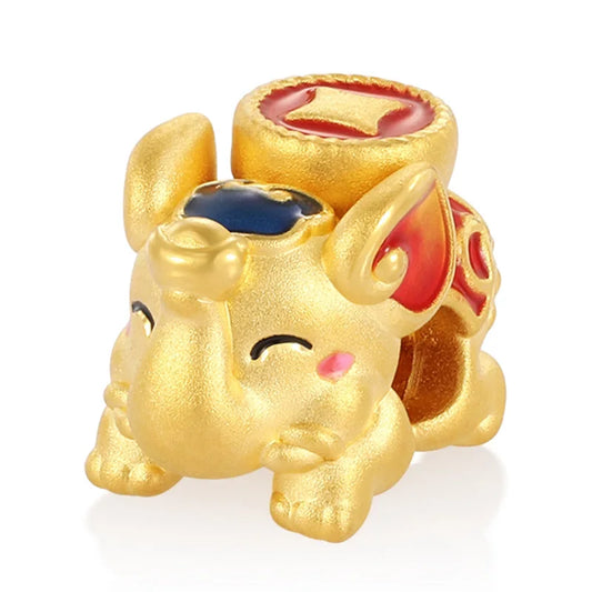 24K Solid Gold Chinese Style Elephant Shape High-end Engraved Beaded Bracelet Accessories Classical 3.3mm Aperture Sandblasted