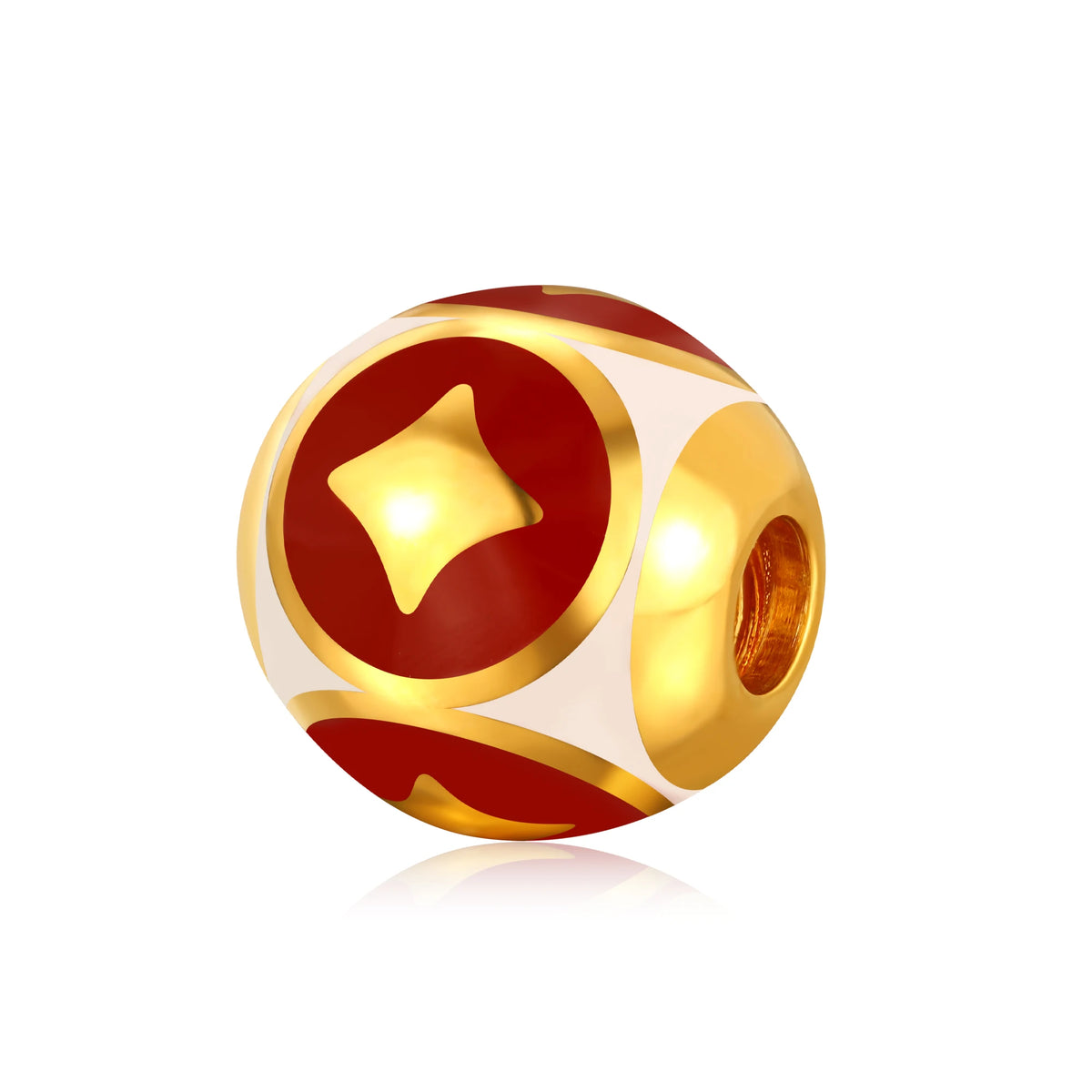 24K Solid Gold Red White Coin Pattern Large Flattened Gilded Charm 1.65g