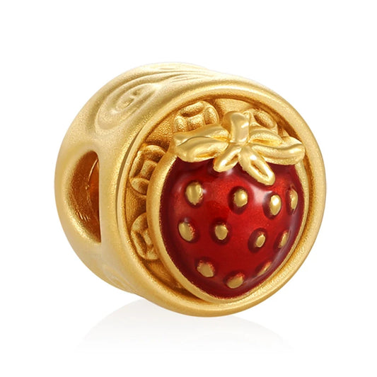 0.65g 5D 24K Solid Gold Charm Rotatable Strawberry with Red Enamel Cute Pendant Fine Jewelry