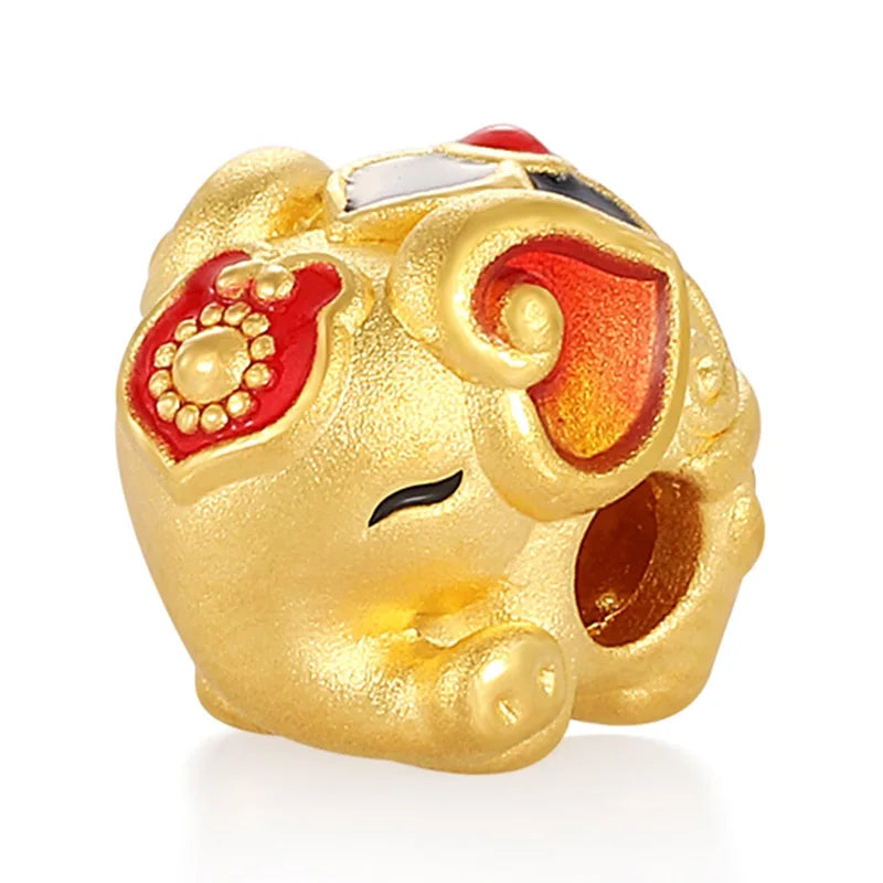 24K Gold Tiny Cute Elephant Beaded DIY Bracelet Chinese Auspicious Jewelry 0.35g