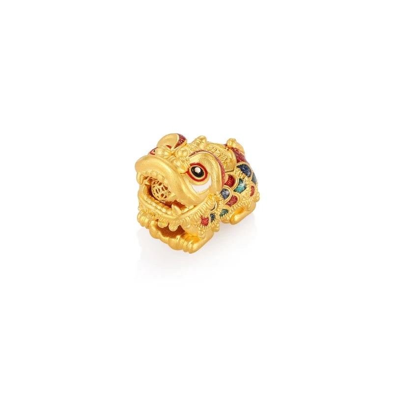 1.6g 5D 24K Solid Gold Charm Happy Lion with Fortune Character and Enamel, Holding a Ball and Turning Its Head Fine Jewelry