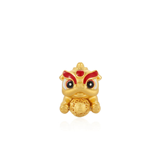 24K Solid Gold Lion Holding Gold Pearl Charm 1.8g