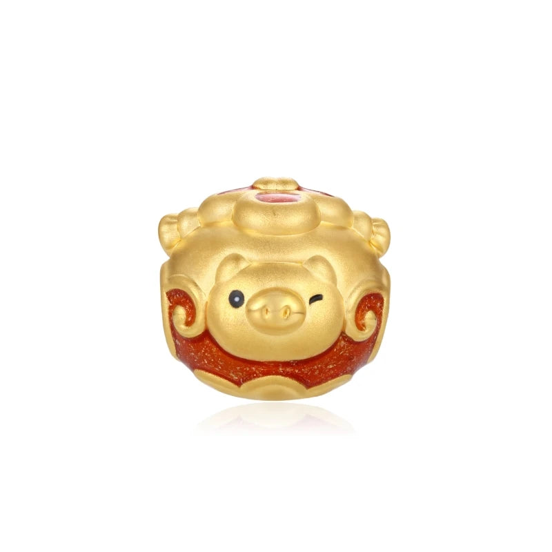 Enamel Craft Beaded Carved Sandblasted Glitter Enamel Real Gold Zodiac Series Pig Shape Cute 3.0mm Aperture 24K Solid Gold