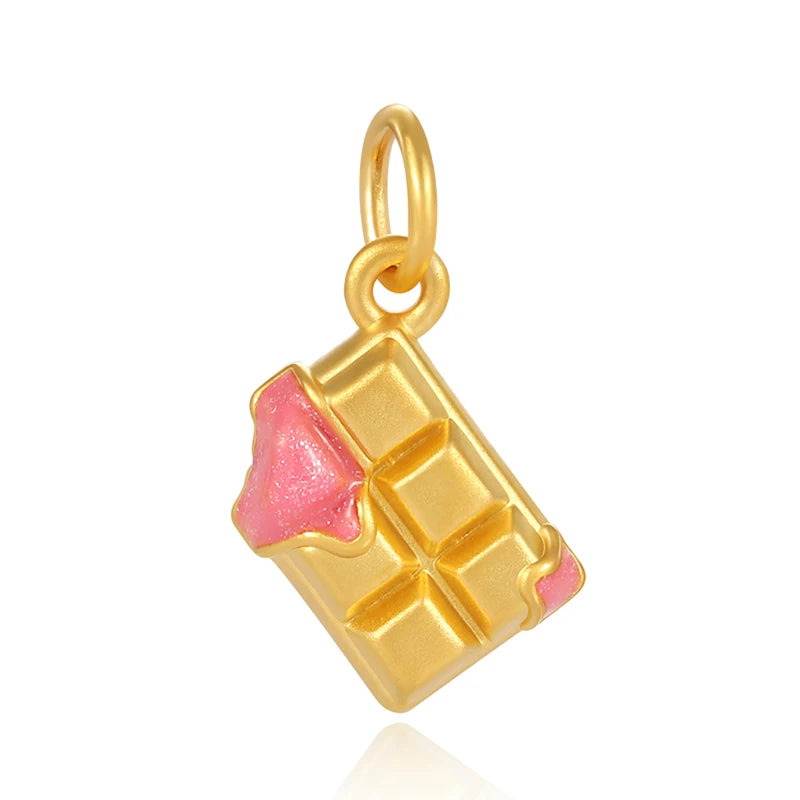 0.6g 5D Pure Gold Charm Chocolate Pendant With Pink Glitter Enamel Fine Jewelry