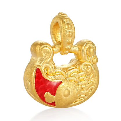 24K Gold Goldfish Lock Bag Pendant Chinese Wealth Jewelry 0.35g