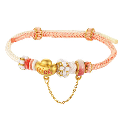 White and red two-color braided rope 24K pure gold micro-hard gold beaded bracelet pure gold jewelry