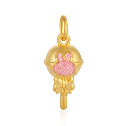 Cute Rabbit Ice Cream-Shaped 24K Solid Gold Charm Pendant with Powder Gold Enamel Craft Necklace for Anniversary 0.75g