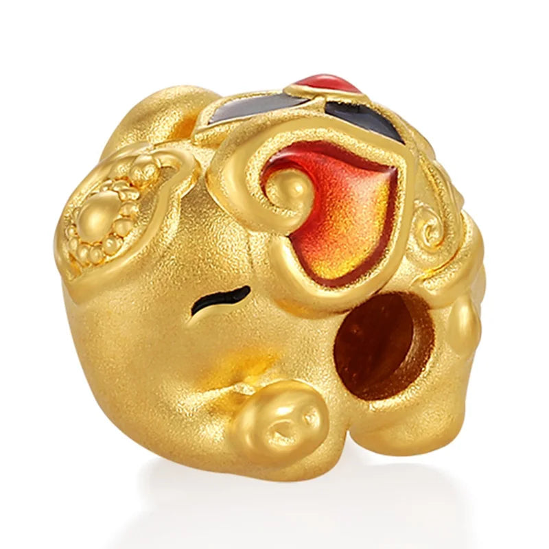 High-end Luxury Beaded Baby Elephant-Shaped 24K Solid Gold Bracelet with Carved Charm Classical Style Sandblasted Enamel Finish
