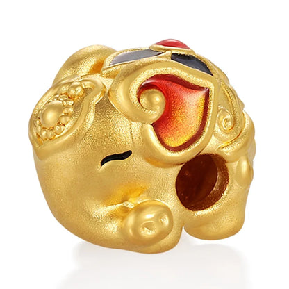 High-end Luxury Beaded Baby Elephant-Shaped 24K Solid Gold Bracelet with Carved Charm Classical Style Sandblasted Enamel Finish