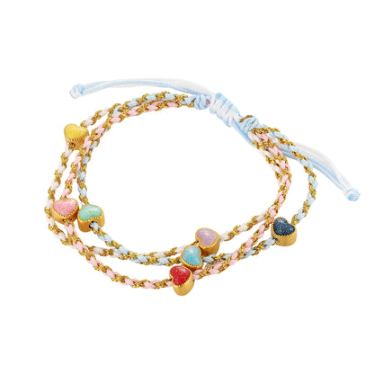 Brand New Design Multicolor Braided Rope 24K Pure Gold Micro Hard Gold Heart Shape Beaded Ethnic Style Unisex Charm Bracelet for