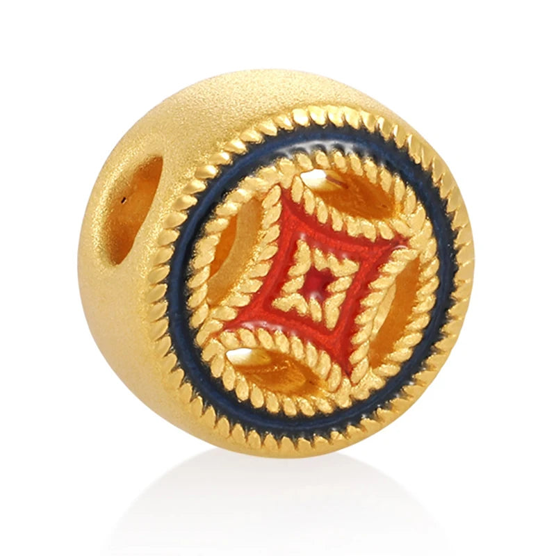 24K Gold Hollow Coin Beaded Charm Lucky Elegant Jewelry 0.4g