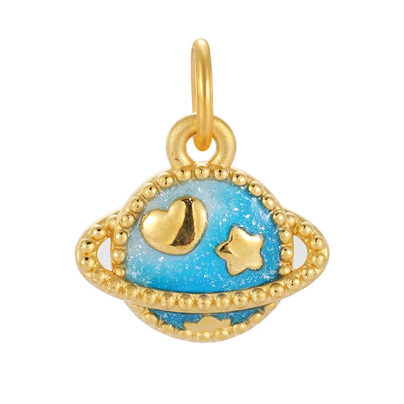 High-end Cute 24K Solid Gold Fluorescent Enamel Planet-Shaped Pendant 0.65g Necklace Accessories