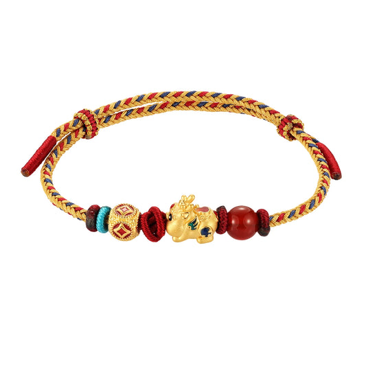 24K Solid Gold Micro-Hard Beaded Decorative Braided Rope Bracelet High-End Luxury Fine Charm Ethnic Style Unisex Anniversary