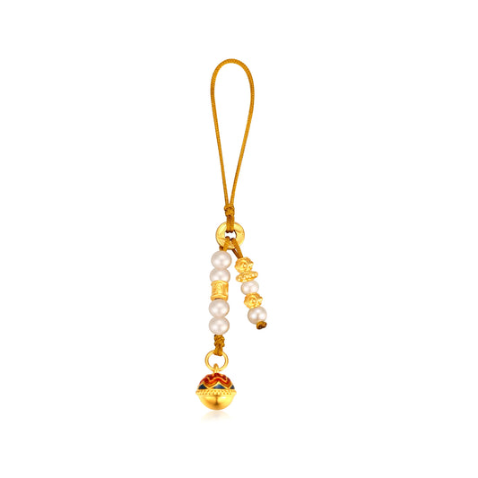 24K Solid Gold Pearl Bell Pendant Charm 0.95g