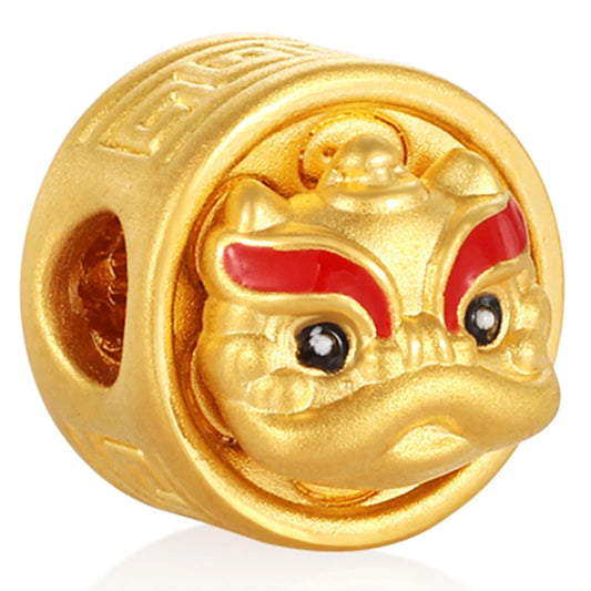 High Quality 0.6g 5D Solid Gold Charm Enamel Lion Dance Head Beaded 3.0MM Aperture for DIY Bracelets Jewelry Accessories