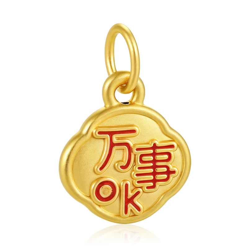 0.55g 5D 24K Solid Gold Ethnic Charm Enamel Pendant with Chinese Characters Cloverleaf Shape Fine Jewelry Accessories