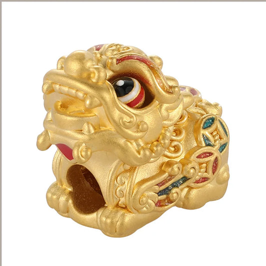 24K Gold Enamel Movable Eye Pixiu Beaded DIY Bracelet Unisex Daily Wealth Accessory 2.7g