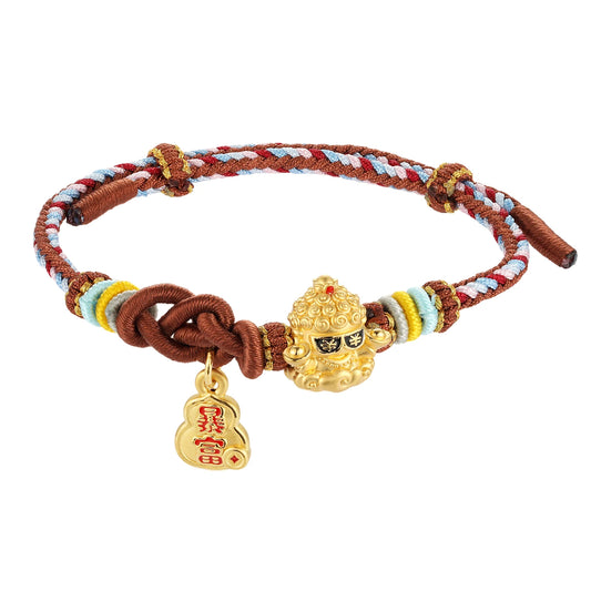 Gold jewelry brown braided rope 24K solid gold micro-hard gold Buddha shape beaded braided rope bracelet