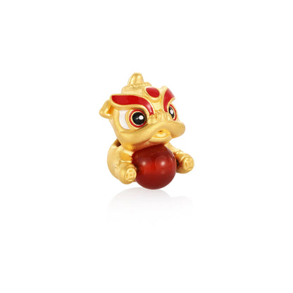 24K Solid Gold Lion Holding Jade Pearl Charm 1.5g