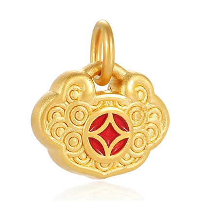 0.40g 5D Solid Gold Charm Wealth - Attracting Lock - Shaped Pendant With the Chinese Characters Fine Jewelry Accessories