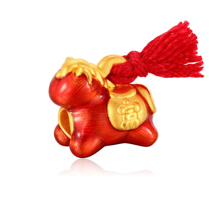 24K Solid Gold Brushed Glass Red Wealth Tassel Little Horse Charm 0.5g