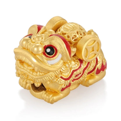 Chinese Style Lucky Lion-shaped 24K Solid Gold Beads for Bracelets 2.3g High-End with 3.9mm Aperture Sandblasted Enamel Finish