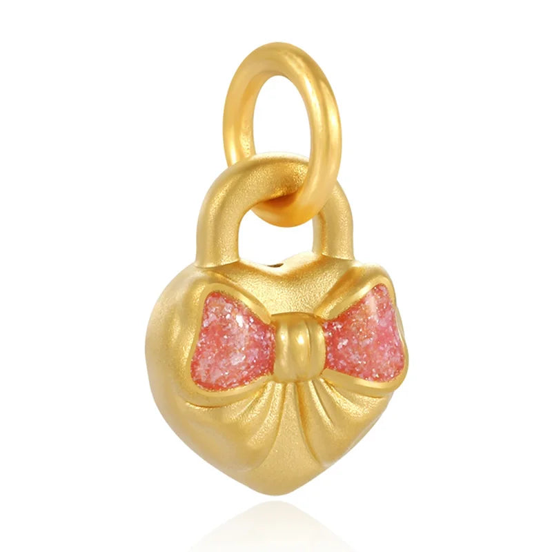 24K Gold Pink Enamel Heart Bow Pendant DIY Accessory Tibetan Daily Jewelry Unisex 0.3g
