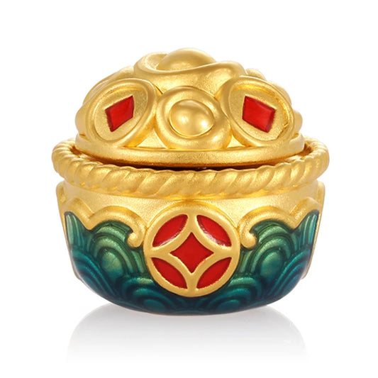 1g 5D 24K Solid Gold Ethnic Charm Pendant with Blue Enamel Bead-Good Luck & Wealth Gathering Jewelry