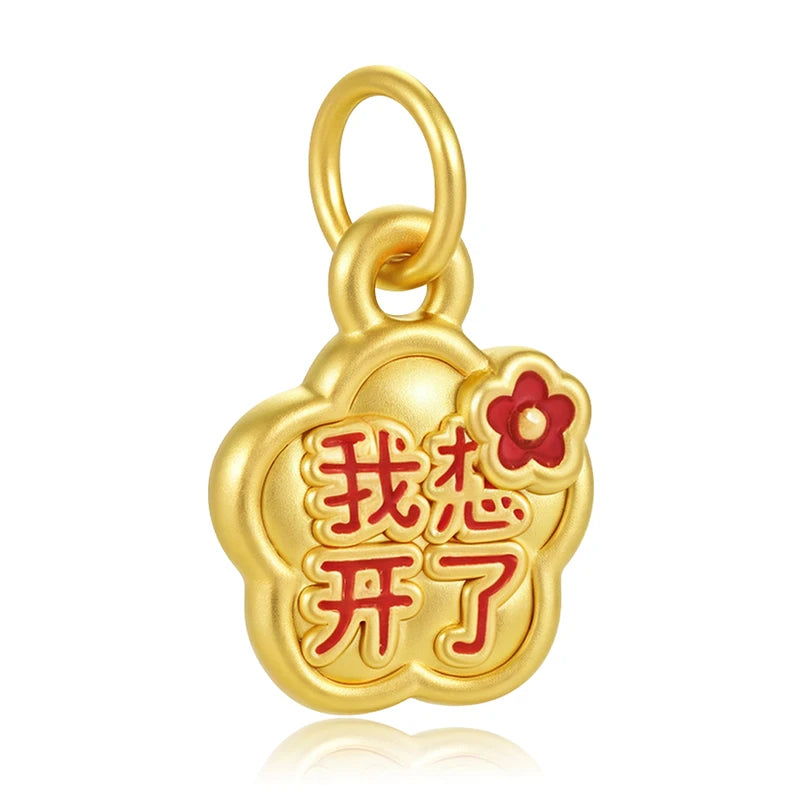 0.55g 5D Yellow Gold Buddhist-style I've Let Go Cute Modern Flower Shape Charm Pendant Red Enamel 24K Solid Gold Unisex Jewelry