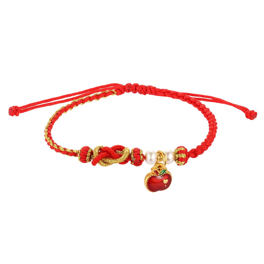 Noble and Luxurious 24K Solid Gold Beaded Bracelet with Hand-Woven Rope Slightly Hard Apple Appearance