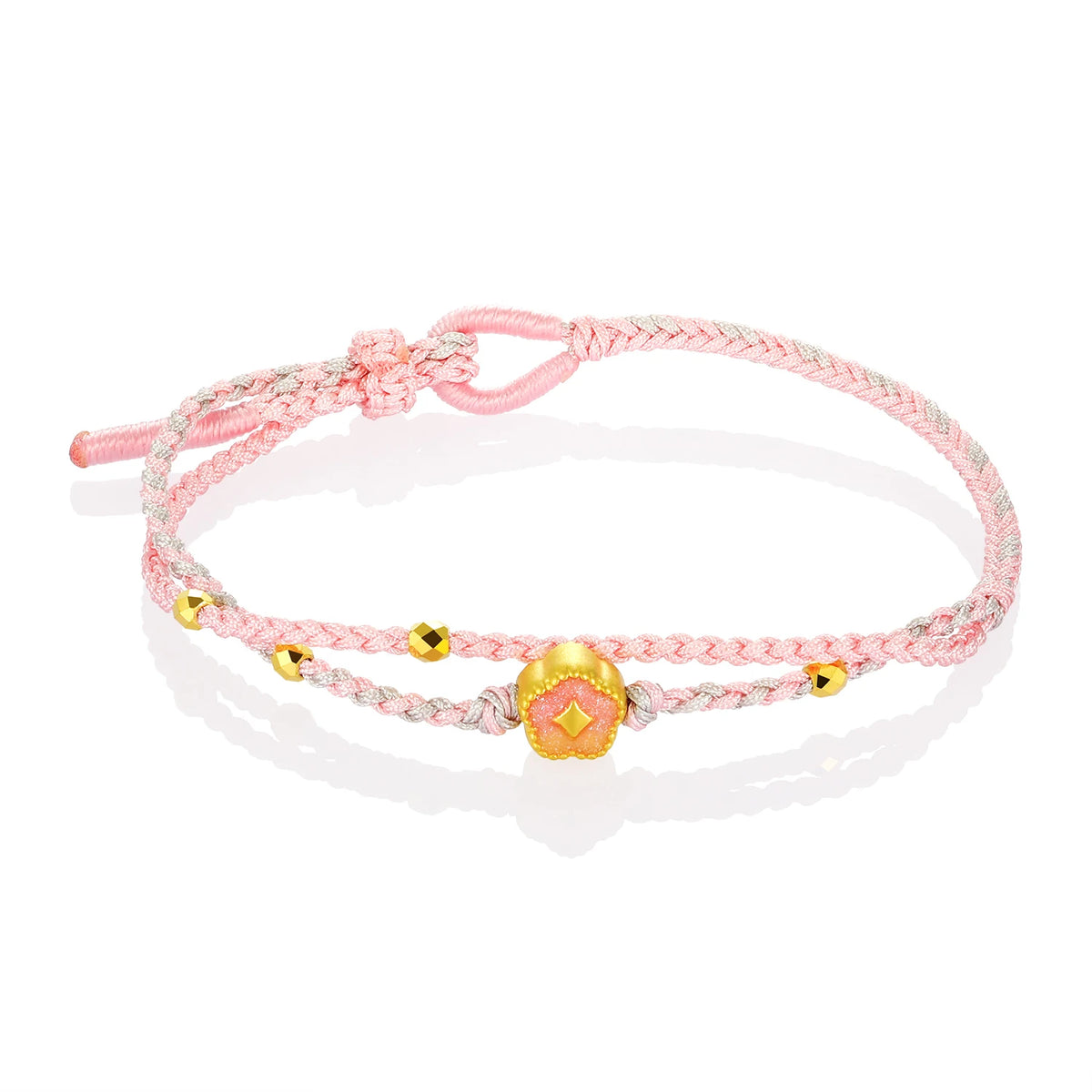 Girly Style pink Braided Rope 24k Solid Gold Slightly Hard Gold Flower Shape Beaded Ethnic Style Charm Unisex Bracelet