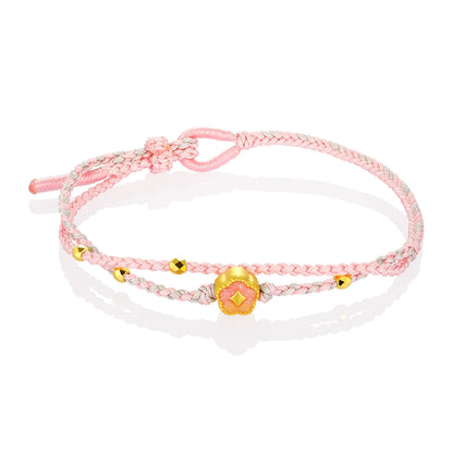 Girly Style pink Braided Rope 24k Solid Gold Slightly Hard Gold Flower Shape Beaded Ethnic Style Charm Unisex Bracelet