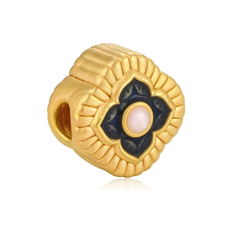 Brand New Unique Design Flower Pattern Sandblasted Beaded 24K Pure Gold Luxury Lightweight 2.4mm Aperture 0.45g Enamel Craft