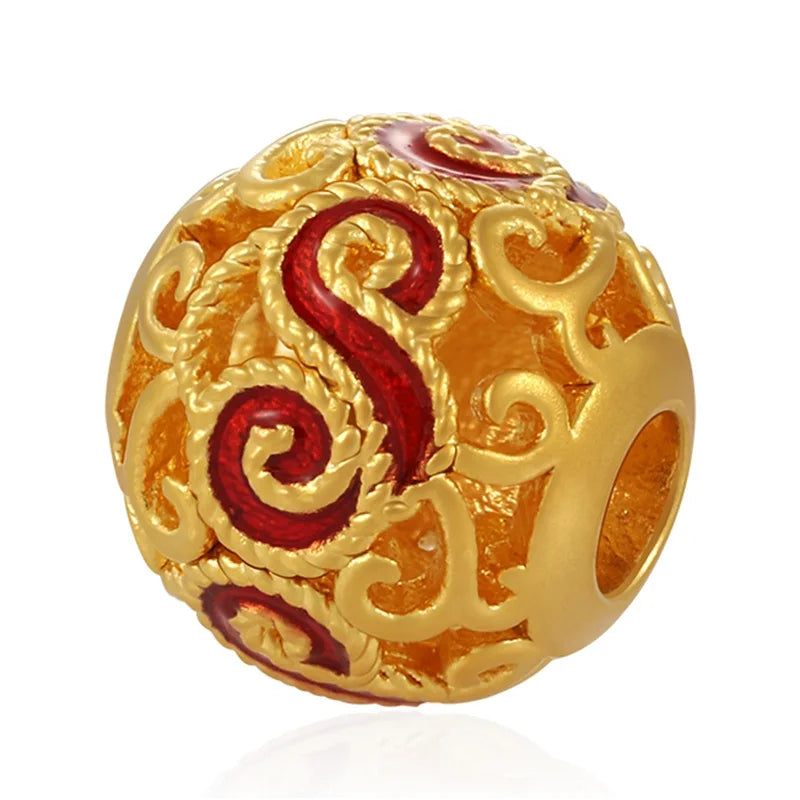 Luxury High-End 24K Solid Gold Beaded Bracelet with Ancient Enamel Grass Pattern Filigree 2.5mm Aperture