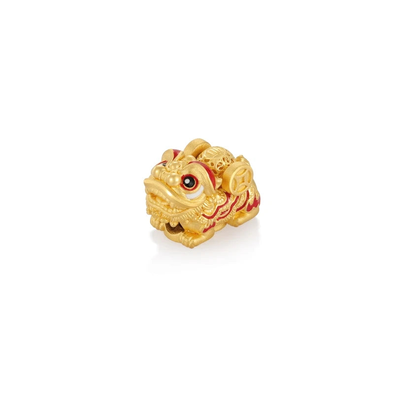Chinese Style Lucky Lion-shaped 24K Solid Gold Beads for Bracelets 2.3g High-End with 3.9mm Aperture Sandblasted Enamel Finish