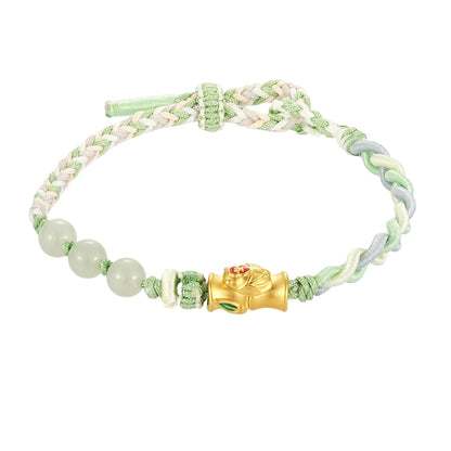 24K Pure Gold Micro-Hard Bamboo Shape Beaded Bracelet High-End Natural Style Green Braided Rope Fine Charm Bracelet