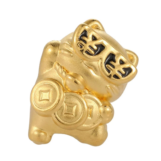 24K Gold Carefree Lucky Cat Beaded Charm Cute Auspicious Jewelry 0.45g