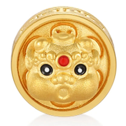 24K Solid Gold 5D 0.6g Charm Pixiu Dance Head Beaded 3.0MM Aperture Enamel Finish Cute Style DIY Fine Jewelry Accessories