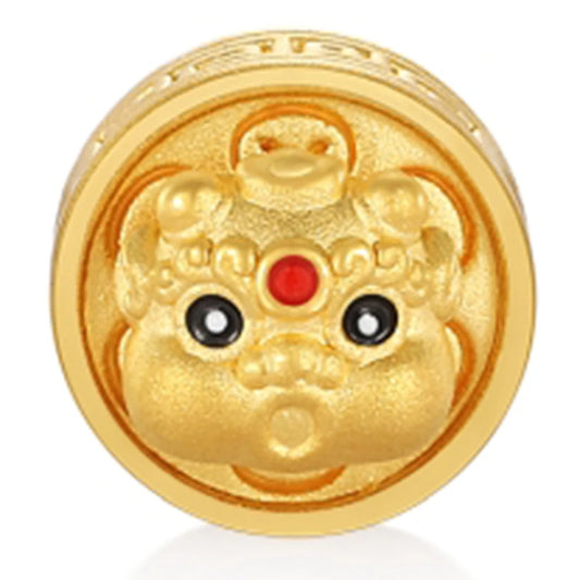 24K Solid Gold 5D 0.6g Charm Pixiu Dance Head Beaded 3.0MM Aperture Enamel Finish Cute Style DIY Fine Jewelry Accessories