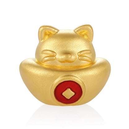 High-end 24K Solid Gold Fortune Cat Beaded Bracelet with Sandblasted Enamel Finish 2.6mm Aperture Cute Design