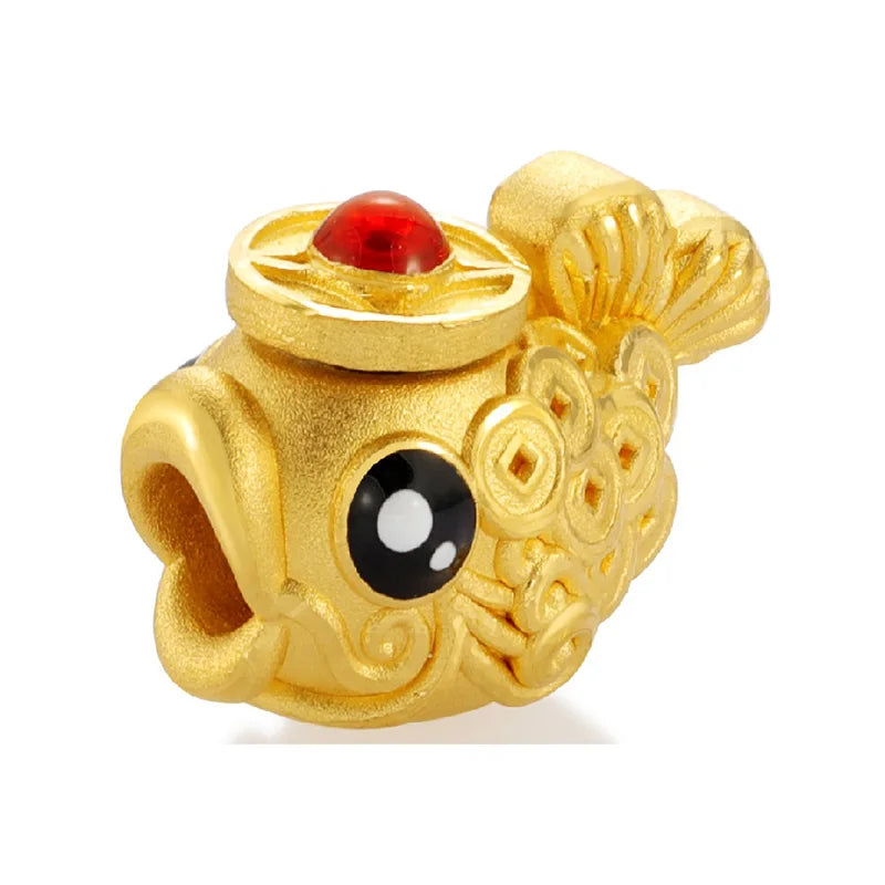 24K Solid Gold Fish Shape Beaded Luxury High-End Amulet Jewelry for Children Classical Style Customizable Logo & Packaging