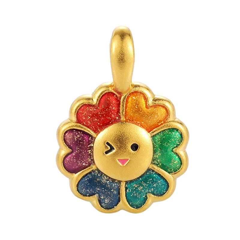 Cute Unique Design Sunflower One Buckle 24K Solid Gold Charm Pendant with Glitter Enamel Craftwork for Anniversary