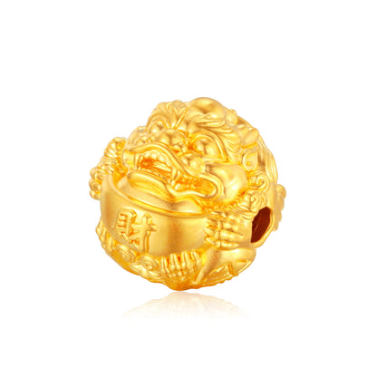24K Solid Gold Round Bead Lion Charm 2.1g